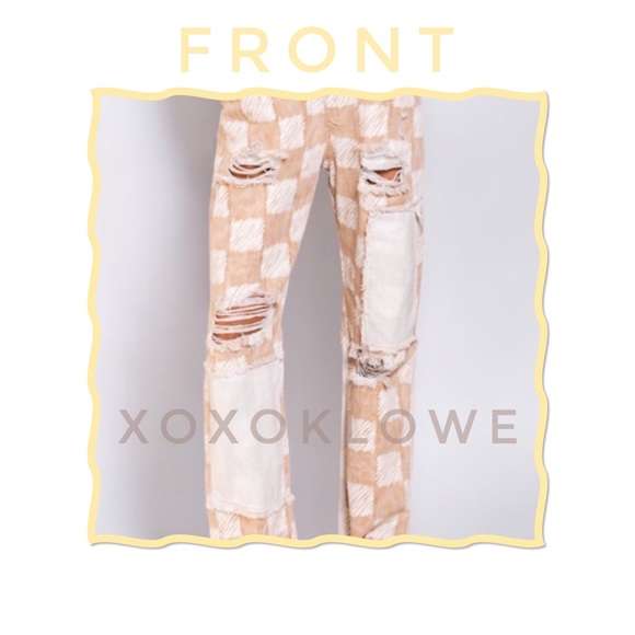 POL Beige & White Checkered Distressed Relaxed Fit Denim Overalls - Picture 10 of 16